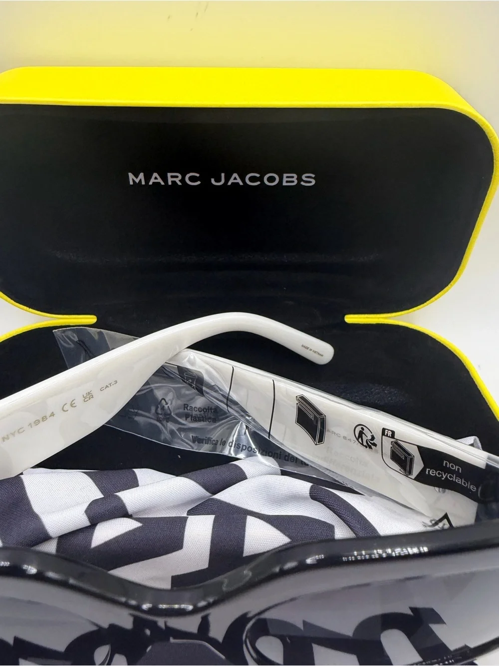 Marc Jacobs White and Black Logo Accent Sunglasses with Yellow Case